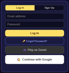 Floor Is Lava Log In screen with email and password fields, Forgot Password, Play as Guest and Continue with Google