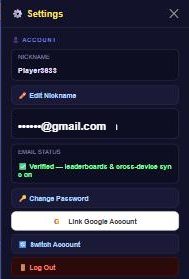 Floor Is Lava Settings Account section for a logged-in player showing Switch Account and Log Out buttons