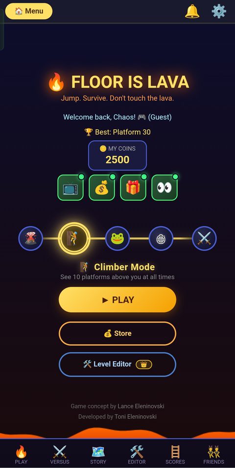 Floor Is Lava home screen showing the Climber Mode selector, Play button, and a Guest account tag