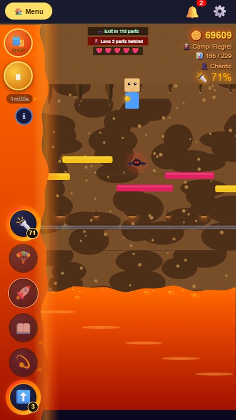 Floor Is Lava Cavern mode gameplay showing mine-cart rails, a bat, and the hearts display