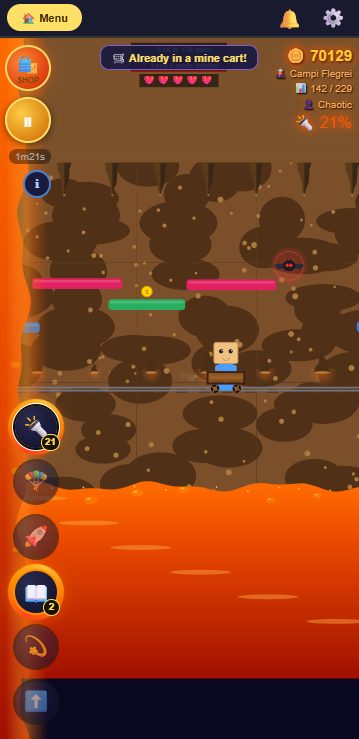 Floor Is Lava Cavern mode with the player riding a mine cart along a rail, showing the Already in a mine cart notice