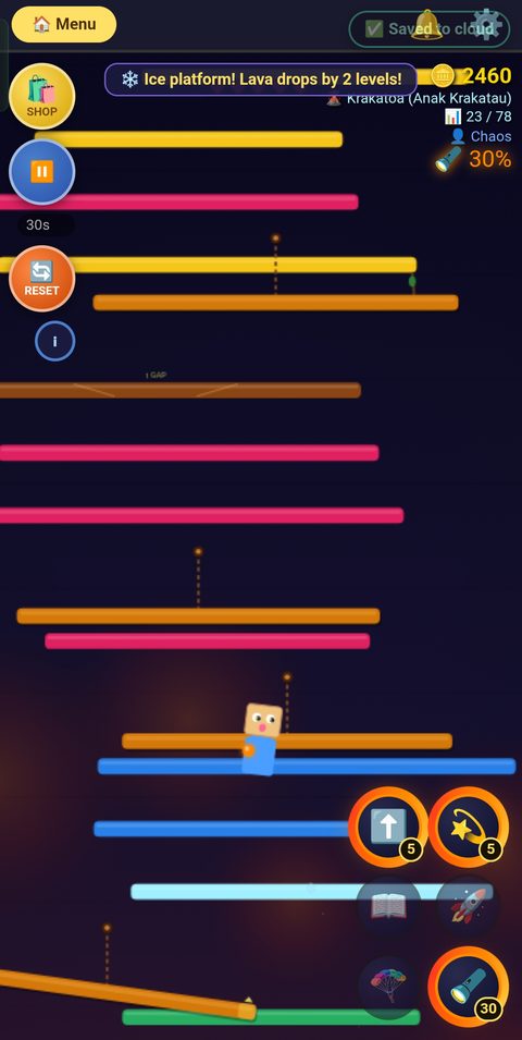 Floor Is Lava Climber mode gameplay showing colored platforms, an ice platform effect, and the coin count