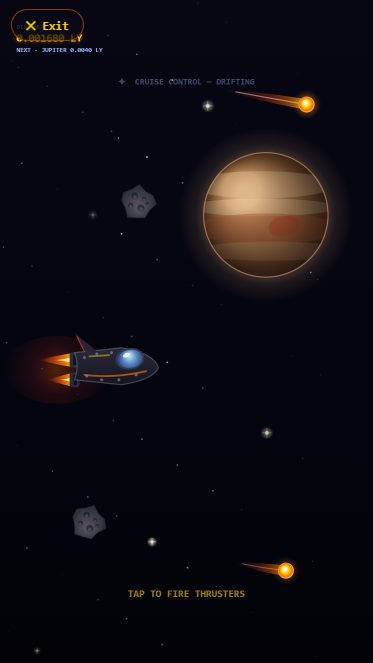 Floor Is Lava Space Mode flight approaching a planet waypoint with the thrust gauge and light-year distance shown