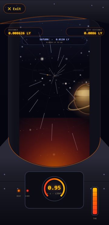 Floor Is Lava Space Mode at full thrust with the starfield stretched into warp streaks and a light-year speed readout
