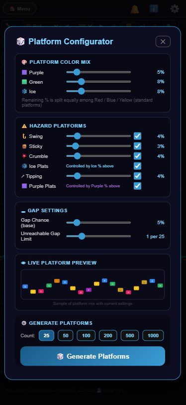 Floor Is Lava Level Editor's Platform Configurator panel showing color mix sliders, hazard platform percentages, gap settings, live preview, and Generate Platforms button