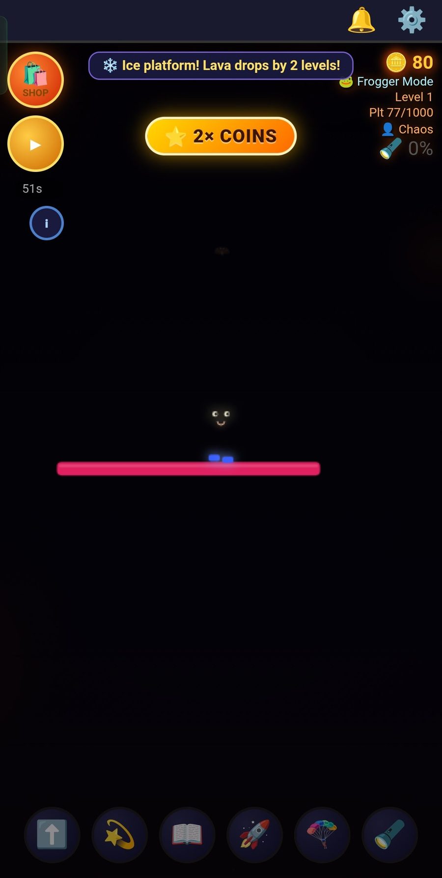 Floor Is Lava night mode with the torch out, the screen dark, and only one platform lit near the player