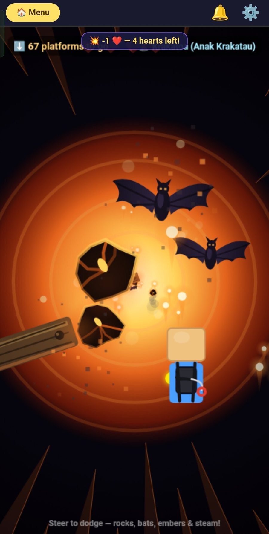 Floor Is Lava Story mode top-down freefall with the player steering between falling rocks and bats inside the volcano