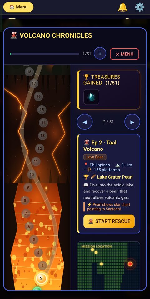 Floor Is Lava Volcano Chronicles episode map showing Taal Volcano, its elevation, platform target, and treasure