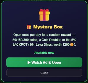 Floor Is Lava Mystery Box popup describing a once-per-day random reward of coins, a Coin Doubler or the jackpot
