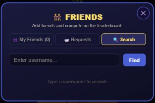 Floor Is Lava Friends panel with My Friends, Requests and Search tabs and a username search box