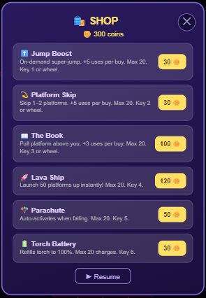 Floor Is Lava in-run pause-menu Shop listing Jump Boost, Platform Skip, The Book, Lava Ship, Parachute and Torch Battery power-ups with coin prices