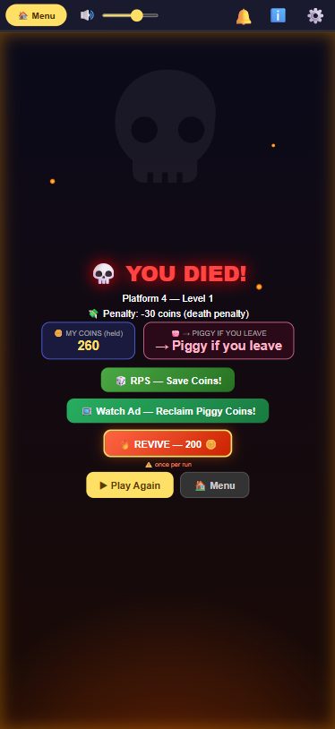 Floor Is Lava game-over screen for a free player showing the REVIVE button costing 200 coins, plus RPS Save Coins and Watch Ad options