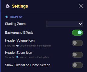 Floor Is Lava Display settings showing Starting Zoom, Background Effects, header icon toggles and Show Tutorial on Home Screen