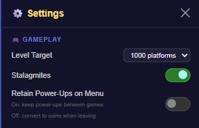 Floor Is Lava Gameplay settings with Level Target dropdown, Stalagmites toggle and Retain Power-Ups on Menu