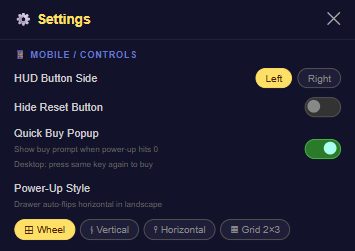 Floor Is Lava Mobile and Controls settings with HUD Button Side, Hide Reset Button, Quick Buy Popup and Power-Up Style options