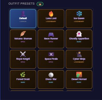 Floor Is Lava Outfit Presets gallery showing Default, Lava Lord, Ice Queen, Volcano Shaman and other character outfits with rarity labels