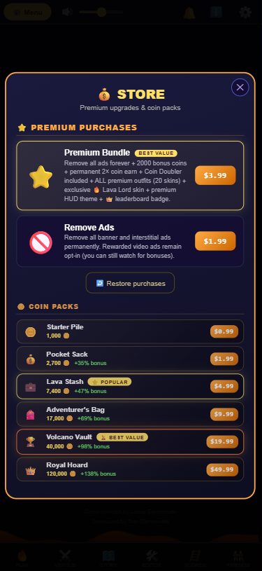 Floor Is Lava Store screen showing the Premium Bundle, Remove Ads and Coin Pack tiers